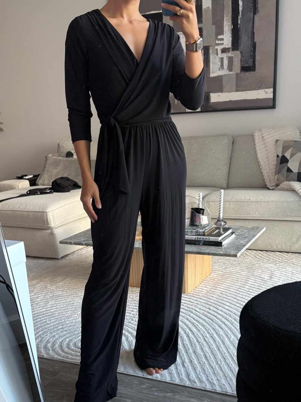 Black Wrap-Front Wide-Leg Jumpsuit with Tie Waist